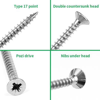 SUS316 de acero inoxidable tipo 17 punto Pozi doble Csk cabeza tornillos de cartón de cinc con 6 puntas para madera